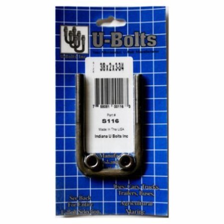 INDIANA U-BOLTS INC Square U-Bolt, 3/8", 2 in Wd, 3-3/4 in Ht S116